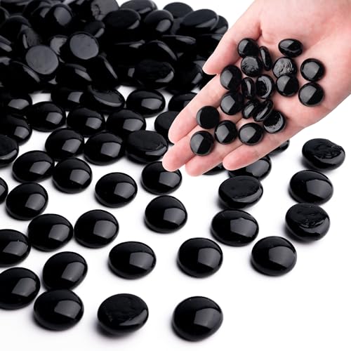 Meschett Black Glass Marbles, 0.97 LB Flat Glass Beads for Vases, Mosaic Gem Pebbles for Aquarium Decor, Floral Arrangements Vase Filler Smooth Mancala Stones and Crafts Approx. 80-100PCS - color: Black