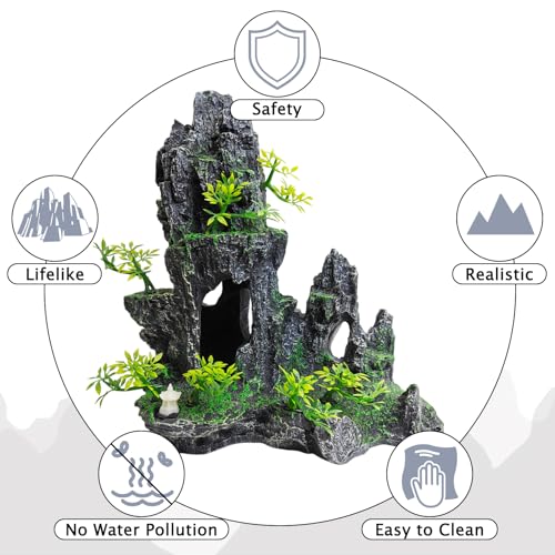 kathson Aquarium Mountain View Stone Resin Fish Tank Decoration Betta Hideout Caves Rockery Landscape Tree Aquarium Decorations Large Rock Hiding Cave Decor for Small Fish Shrimp Play Ornament - size: 9.5〞L x 5.12〞W x 10.24〞H
