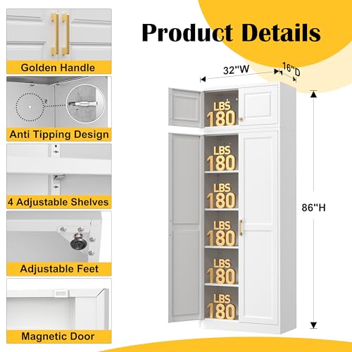 Steeloong86“ Kitchen Pantry Cabinet,Metal Storage Cabinets with Doors and 4 Adjustable Shelves,White Kitchen Cabinet with 4 Gold Handles,Tall Cabinet for Livingroom,Pantry, Bathroom - color: White, size: 86"H-A