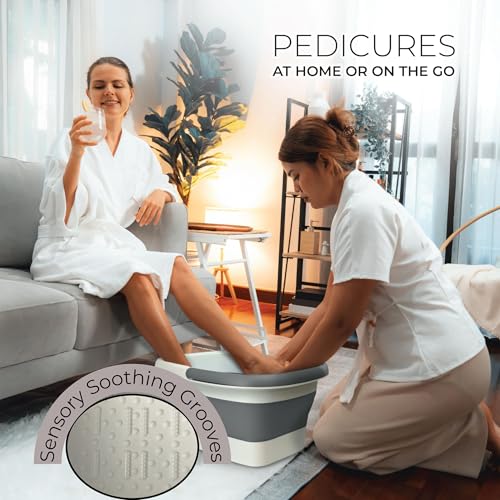 Mantello Collapsible Foot Bath Foot Soaking Tub | Portable Foot Spa Pedicure Bowl | Large Basin to Soak & Wash Feet | Folding Bucket with Carry Handle | White & Grey, Blue, Green [White & Grey] - color: Collapsible Tub White-grey