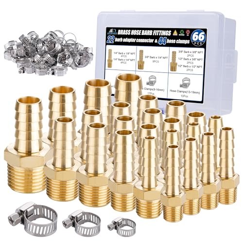 22Pcs Brass Hose Fittings, 3/8" Barb to 1/4" NPT, 1/4" Barb to 1/4" NPT Male, 1/8" 1/4" 3/8" 1/2" Barbed Air Hose Kit with 44Pcs Pipe Hose Clamps - size: 22pcs barb adapter