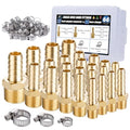 22Pcs Brass Hose Fittings, 3/8" Barb to 1/4" NPT, 1/4" Barb to 1/4" NPT Male, 1/8" 1/4" 3/8" 1/2" Barbed Air Hose Kit with 44Pcs Pipe Hose Clamps - size: 22pcs barb adapter