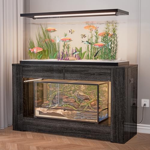 48" Aquarium Stand for 55–75/90 Gallon Tank, Heavy Duty Fish Tank Stand up to 1000 LBS, Aquarium Stand with Power Outlet & LED Light, 2-Tier Turtle Reptile Tank Stand with Storage,Black wood - color: Black wood, size: For 55-75-90 gallon