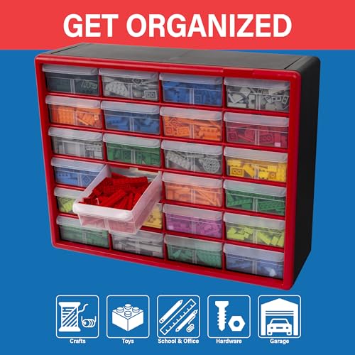 Akro-Mils 24-Drawer Plastic Drawer Storage Cabinet for Garage Organization, Bead Organizer, Building Bricks Storage, Teacher Toolbox, Makeup Organizer, 20" W x 6" D x 16" H, 10124 Red - color: Red, size: 24 Drawer, style: 1 Pack