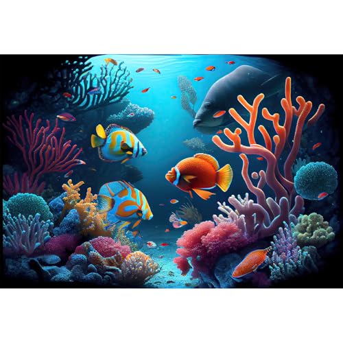 Underwater Aquarium Background Deep Ocean Coral Reef Seascape Terrarium Background Tropical Colourful Fish Marine with Sunbeams Fish Tank Backdrop Poster Wallpaper Decorations Vinyl 24x12in - color: Purple Blue, size: 24(W)x12(H)in