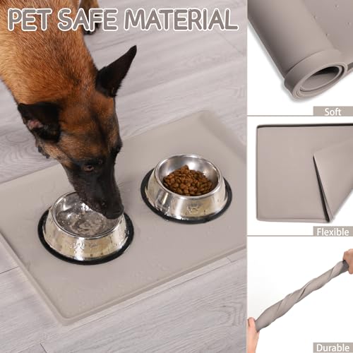 MateeyLife Silicone Cat & Dog Food Mat for Floors Waterproof, Anti-Slip Dog Bowl Mats for Food and Water, Pet Feeding Mats with Lip to Prevent Spills, Pet Placemat for Messy Drinkers to Protect Floors - color: Taupe, size: 18''×12''