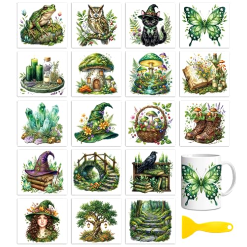 Peacoblue 18 Sheets Rub on Transfers for Crafts, Green Magic Forest 3.6"x3.9" UV DTF Cup Wraps Waterproof Cold Transfers Stickers for Wood Glass Metal Cup Tumblers Mirrors Mugs Home Decor - style: Green Magic Forest