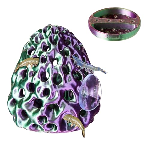 Shrimp Dome Hide, Shrimp Hides for Aquarium, Betta Fish Hideout with Suction Cup, Betta Habitat Tank Ornament Accessories, Aquarium Decor for Small Fish Guppy Hiding Resting (Lid Green Purple) - color: Green Purple Gradient with Lid