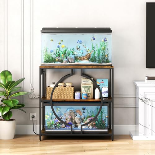 HavenlyYouth 20-29 Gallon Aquarium Stand with Power Outlet, 3 Tier Heavy Duty Metal Fish Tank Stand with Storage Shelf, Fish Tank Table for Home Office, 31.5" L x 15.7" W x 31.2" H, Rustic Brown - size: 20-29 Gallon