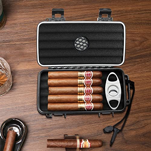 Flauno Travel Cigar Humidor Case - Portable Cigar Box with Humidifier Disc & Cigar Cutter | Waterproof | Crushproof | Airtight | Durable (Holds up to 5 Cigars) - size: Holds up to 5 Cigars