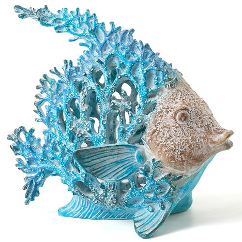 VVGIFTS Beach Coastal Decor Coral Reef Angelfish Home Office Desk Decor Sculpture Statue for Tabletop Shelf Bathroom Decoration Ornament Gift (Turquoise and Blue) - color: Turquoise and Blue