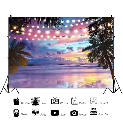 Sea Beach Sunset Backdrop Hawaiian Seaside Summer Tropical Palm Decorations Background Ocean Luau Party Backdrop Birthday Baby Shower Cake Table Banner Studio Props Vinyl 5x3ft - color: Lilac, size: 5x3ft (150x90cm)