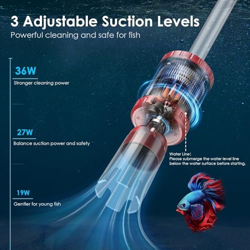 AKKEE Aquarium Vacuum Gravel Cleaner, 36W Electric Fish Tank Cleaner Vacuum, 8 in 1 Multifunctional Aquarium Cleaner for Automatic Water Change, Wash Sand, Water Circulation and Timed Off，red