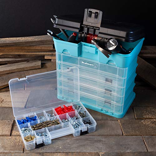 Small Parts Organizer Box - 10-Inch Portable Storage Case with 4 Removable Multi-Compartment Trays for Screws, Beads, Small Fishing Tackle, Hardware, and Craft Supplies by Stalwart (Light Blue) - color: Blue