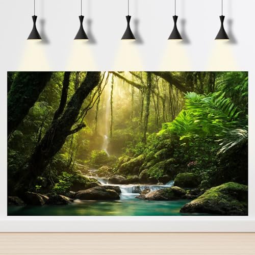Jungle Aquarium Background Waterfall Flowing Turquoise Water Terrarium Backgrounds Tropical Rainforest Jungle Landscape Fish Tank Background Deep Foggy Misty Forest Reptile Tank Backgrounds 24x12in - color: Moss_Green, size: 24(W)x12(H)inches/ 60(W)*30cm(