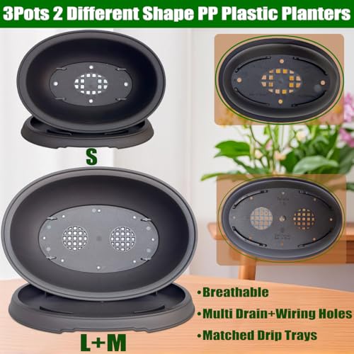 MUZHI 3 Pack Mixed Size Oval Bonsai Planter Pot with Drainage Tray, Matte Finish Ellipse Plastic Bonsai Succulent Growing Pot for Home Garden Plant Container 9.1” 7.2” 5.2” - size: 5.2" / 7.2" / 9.1" Mixed
