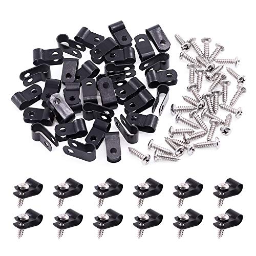Swpeet 120 Pack Black 1/4 Inch Nylon Plastic R-Type Cable Clips Clamp Kit, Nylon Screw Mounting Cord Fastener Clips with 120 Pack Screws for Wire Management (1/4 Inch, Black) - color: Black, size: 1/4 Inch