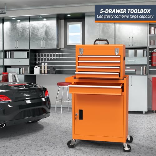 5-Drawer High Capacity Rolling Tool Chest, Removable Cabinet Storage Tool Box with Wheels and Drawers, Detachable Toolbox with Lock for Mechanics Garage Workshop and Tool Room (Orange) - color: Orange