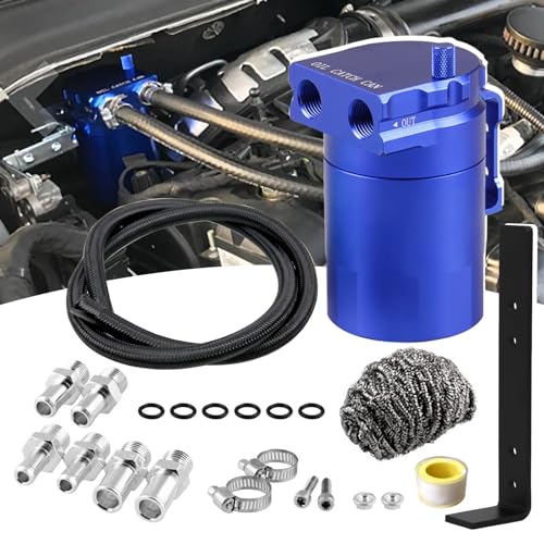 RULLINE Oil Catch Can Universal Baffled Catch Can Kit with Upgraded Braided Fuel Hose , with Bracket , 350ml Air Oil Separator Tank for PCV System Aluminum Blue - color: Blue, size: Upgraded version with bracket