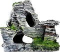 Resin Aquarium Mountain Decor with Moss Rock Cave - Multi-Level Terrain for Fish Tank Landscaping, Natural-Looking Rockery Design with Hidden Cave and Crevices for Shrimp