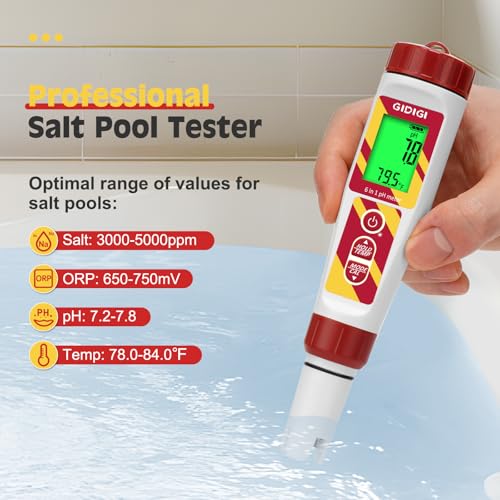 6 in 1 pH Meter Salt Tester TDS EC Pen for Pool Water | Digital Salinity Pen for Water Pool, Calibration Kits Included, High Accuracy Salinity pH ORP EC and TDS Meter - color: White