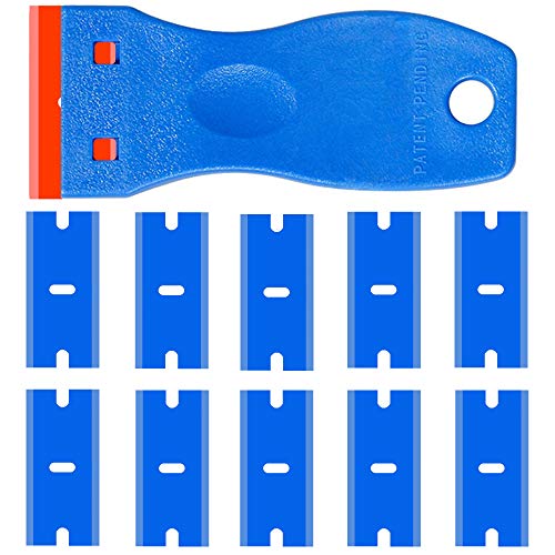 Double Edged Plastic Razor Blade Scrapers Knife with Contoured Grip for Scraping Labels and Decals Sticker From Glass, Windshields and Auto Window Tint Vinyl Tool Application (Blue Scraper+10 Blades) - color: Blue Scraper+10 Blades