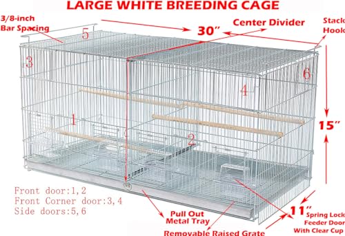 Large White Stackable Breeder Bird Flight Cage Side Breeding Nest Box Door with Center Removable Divider (White, 30"x11"x15"H Lot-4) - color: White