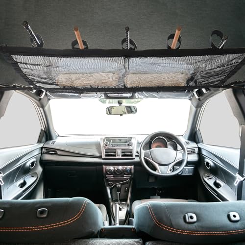 Klmnop Car Fishing Rod Holder, Double Layers Ceiling Fishing Rod Storage Net with 5 Rod Capacity and Zipper, Foldable Mesh Fishing Rod Storage for Car Inside(Black)