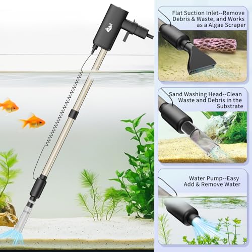 AQQA Aquarium Vacuum Gravel Cleaner 20W Electric Rechargeable Fish Tank Cleaner Tools for Automatic Water Changing, Debris Clean& Sand Washing, Strong Suction with 4-Speed Adjustable (20W, 480GPH) - size: 20W 480GPH