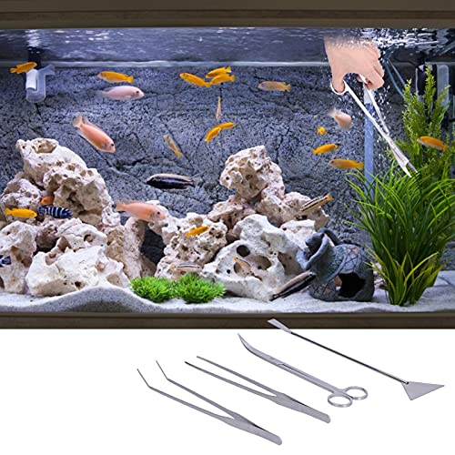 4 in 1 Aquarium Tools Kit, Aluminum Alloy Aquascaping Tool Set with Straight and Curved Tweezers, Spatula, Scissors for Planted Fish Tank Maintenance