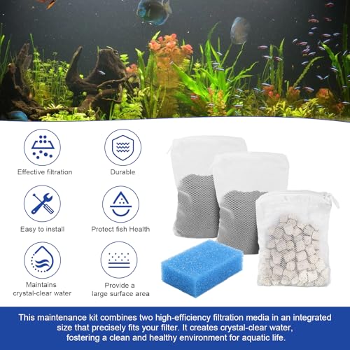 Aquarium Media Maintenance Kit Replacement for Fluval AC50 Power Filter, Includes 1 Blue Foam Filters, 1 Pack Ceramic Rings and 2 Activated Carbon Bag, for 20-to-50 Gallon Aquariums