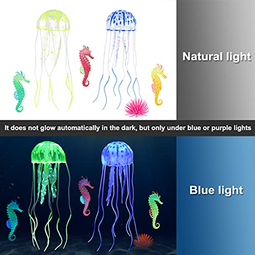 Lpraer 6 Pieces Glow Aquarium Ornaments Artificial Glow Floating Jellyfish Seahorse Anemones Silicone Simulation Fish Tank Decorations for Fish Tank - color: 6 Pcs (Jellyfish+seahorse+anemones)