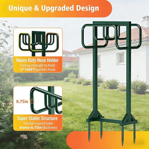 HeroicLion Garden Hose Holder Holds 2 x 160FT Hoses, Super Stable Water Hose Holders with 4 Spikes, Rustproof Freestanding Hose Stand Hanger Garden Hose Storage for Outside Yard Lawn Farm, Green - color: Green-39.8 Inch Height