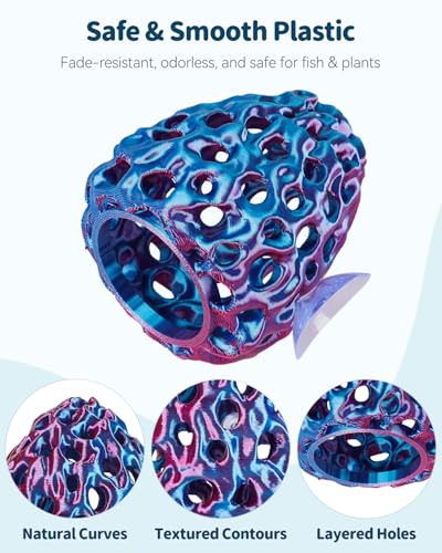 Uniclife Shrimp Hides for Aquariums, Realistic Plastic Aquarium Coral Rock Decorations with Suction Cups, Blue-Violet - color: Blue-to-purple Gradient