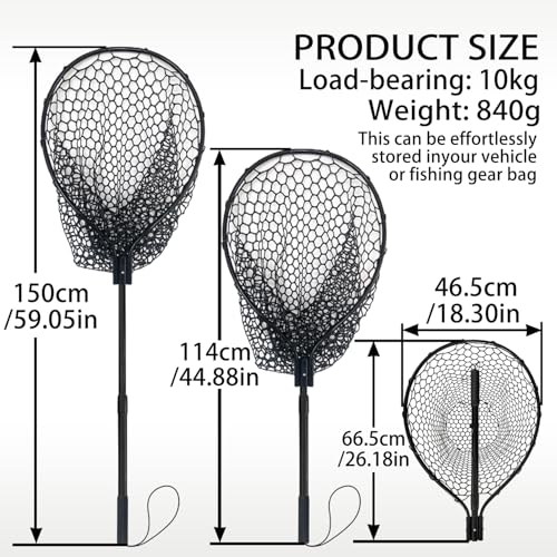 All Metal Telescoping Rubber Fishing Net with Handle Length: 59" Depth:19.7" Hoop: 26"x18" Large Silicone Fish Landing Net Pier/Kayak/Fishpond/Saltwater/Salmon Extendable Fishing Gear - color: Black