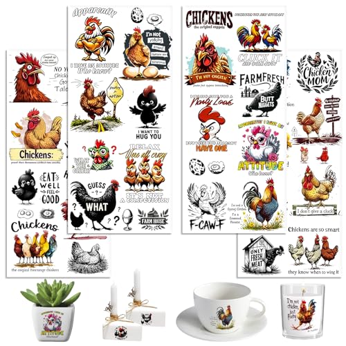 UV DTF Cup Wraps, 4 Sheets Chicken Quotes Transfer Stickers for 16oz Glass, Rub On Decals for Tumblers and Candlestick - style: Chicken Quotes