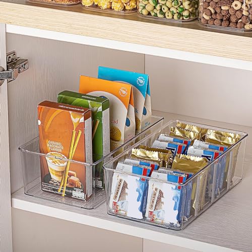 Vtopmart 2 Pack Food Storage Organizer Bins, Clear Plastic Bins for Pantry, Kitchen, Fridge, Cabinet Organization and Storage, 4 Compartment Holder Packets, Snacks, Pouches, Spice Packets - style: 2 Pack