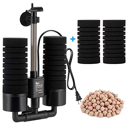 AQQA Aquarium Sponge Water Filter, Power Driven Double Biochemical Filter, Quiet Submersible Foam Filter with 2 Extra Sponges, 1 Bag of Filtered Ceramic Balls for Fresh and Salt Water Fish Tank (L) - size: Large