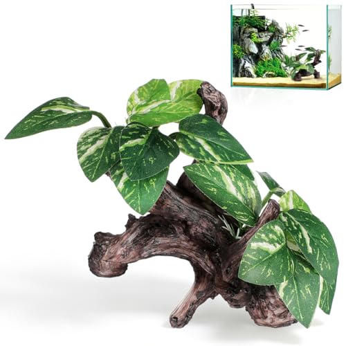 Veemoon Aquarium Driftwood Resin Decor with Cloth Leaf Plants and Driftwood Cave Realistic Fish Tank Landscape Ornament for Freshwater and Saltwater Aquatic Pets 6.69 X 4.33 X 3.93 Inch