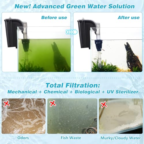 Hang on Back Aquarium Filter 158GPH for 10-40 Gal. Fish Tank, w/ Detachable U-V Light &Surface Skimmer, 4-Stage Suspension Oxygen Deodorization Saltwater Freshwater Crystal Clear Green Clean Machine - size: WP-607H