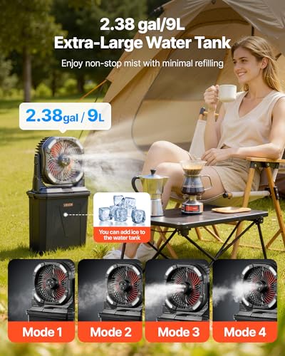 VEVOR Misting Fan, More than 2700RPM Motor Mister Fan, Mister Cooling Fans with 2.38 gal Water Tank, 10000mAh Battery, 4-Speed Wind & 5 Lighting Modes, Water Cooling Fans for Indoor, Outdoor, Patio
