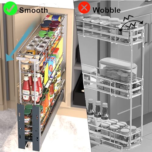 JOWBOOW 8 Inch Pull Out Cabinet Organizer (7.8" W), Fully Assembled Heavy Duty Slide Out Spice Rack, 3 Tier Door Mount Pantry Storage with Tall Guardrails for Base Cabinets, 100 LBS Capacity - size: 8"W Bottom-Mount (Min 9" Opening)