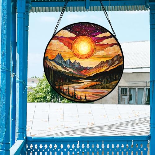 DASTOLL Stained Glass Window Hanging, Dusk Sunset Landscape Sun Catchers Glass Panel Lakes and Mountains Suncatcher Decor for Birthday for Women, Men, Wife, Aunt, and Mom 14.9 in - color: Golden Red, size: 14.9x14.9 IN
