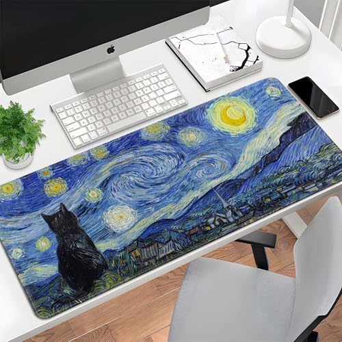Starry Night Cat Gaming Mouse Pad Large Desk Mat Extended Keyboard Mouse Pad Anime Mousepad with Non-Slip Base and Stitched Edge Mouse Mat Desk Pad 31.5 x 11.8 Mouse Pads for Desk Home Office Gaming - color: Starry Night Cat