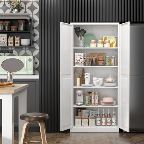 SteeLoong Kitchen Pantry Cabinet,71”White Metal Pantry Storage Cabinet with Doors and 4 Adjustable Shelves,Kitchen Cabinet with 2 Gold Handles,Tall Cabinet for Livingroom,Pantry, Bathroom,Kitchen - color: White, size: 71"H