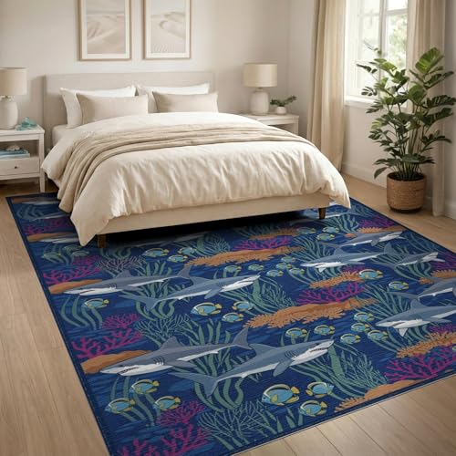 8'x10' Washable Modern Shark Large Rug, Orange Non-Shedding Pet Friendly Carpet Foldable Easy Care Mat for King Size Bedroom, Master Suite, Under Bed | Ref:2068689 - color: Blue/Pattern 26, size: 8' x 10' (Rectangular)