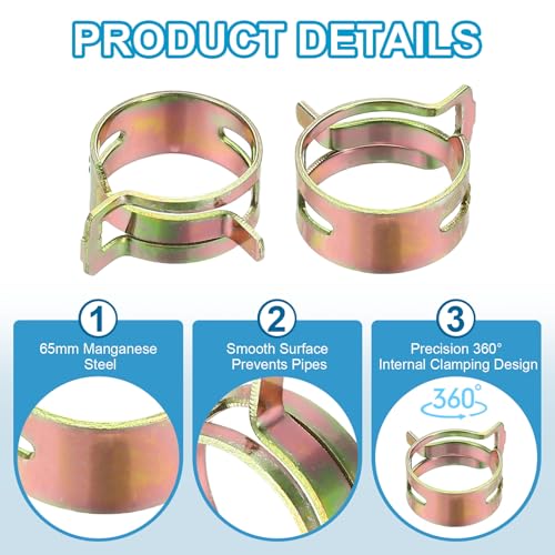 PATIKIL Spring Band Hose Pipe Clamps for 19-22.3 mm OD Hose, 30 Pack Silicone Vacuum Constant Tension Band Clips for Fuel Line Silicone Air Hose Tube Water Pipe, Gold - size: 19-22.3 mm