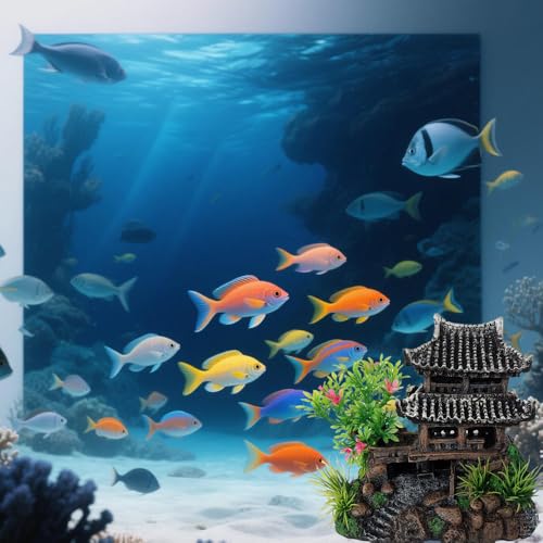 Aquarium Decoration Chinese Ancient Tower, Resin Small Fish Tank Hideout Hut Accessories, Artificial Landscape Decor Hideaway House with Tree Moss, Hollow Hideout Castle Ornament (Building)