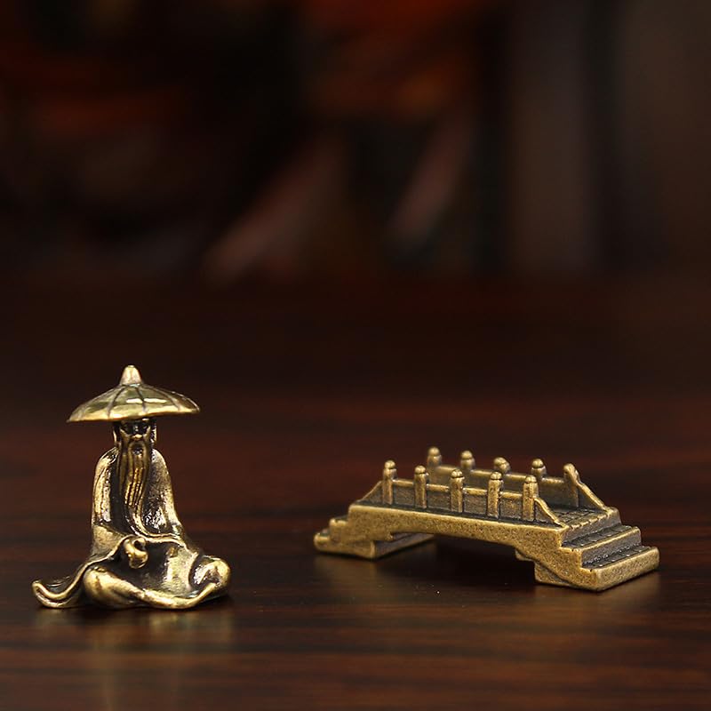 Acxico 6PC Brass Micro-Landscape Ornaments, Depicting Jiang Taigong Fishing, Fisherman's Small Bridge, Monk, with Miniature Fish Tank Decorations