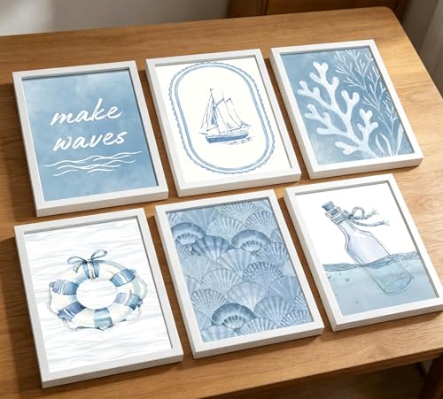 6Pcs Nautical Canvas Wall Art, Ocean Theme Wall Decor Pictures, Blue Coastal Poster Prints with Drift Bottle、Sailboat、Coral, for Living Room Study Beach House Home Decoration 8x10inch Unframed - color: Sailboat, size: 8x10in